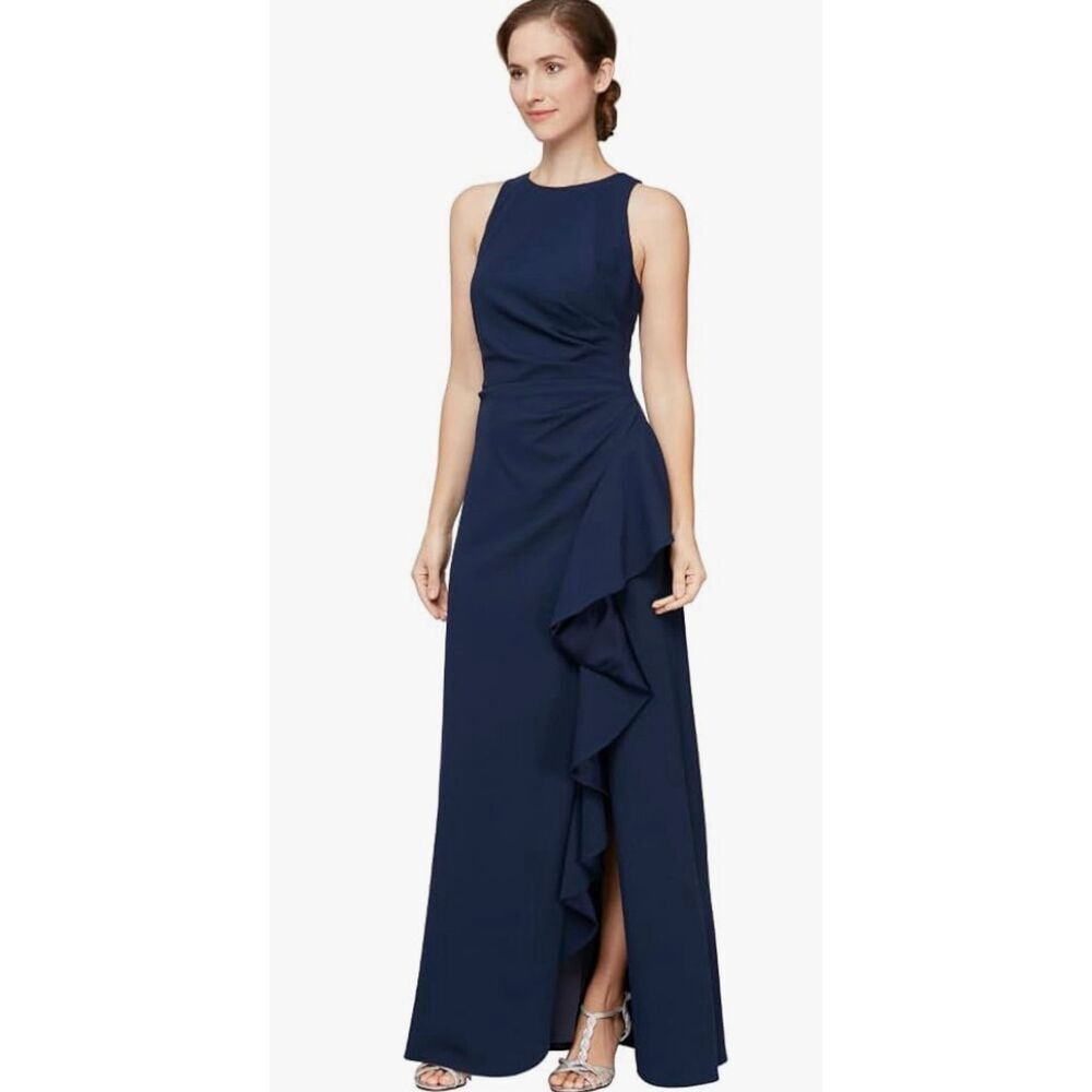 Alex Evenings Long Cascade Ruffle Sleeveless Gown with Leg Slit, NWT Size 14
